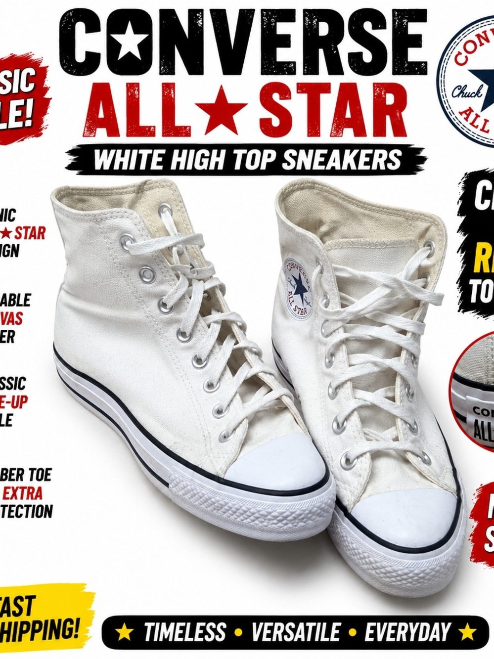 Converse Chuck Taylor All Star High Top White Canvas Sneakers Men's Size 9 Shoes